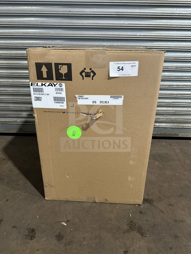 Boxed Elkay LZS8WSLP light gray granite filtered refrigerated hydration station, touchless, stainless steel cooler.