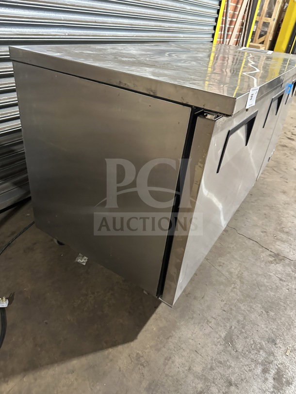 New True TUC-72-HC 3-Door Stainless Steel Undercounter Refrigerator, poly coated racks, on casters, 115V 1 Phase.