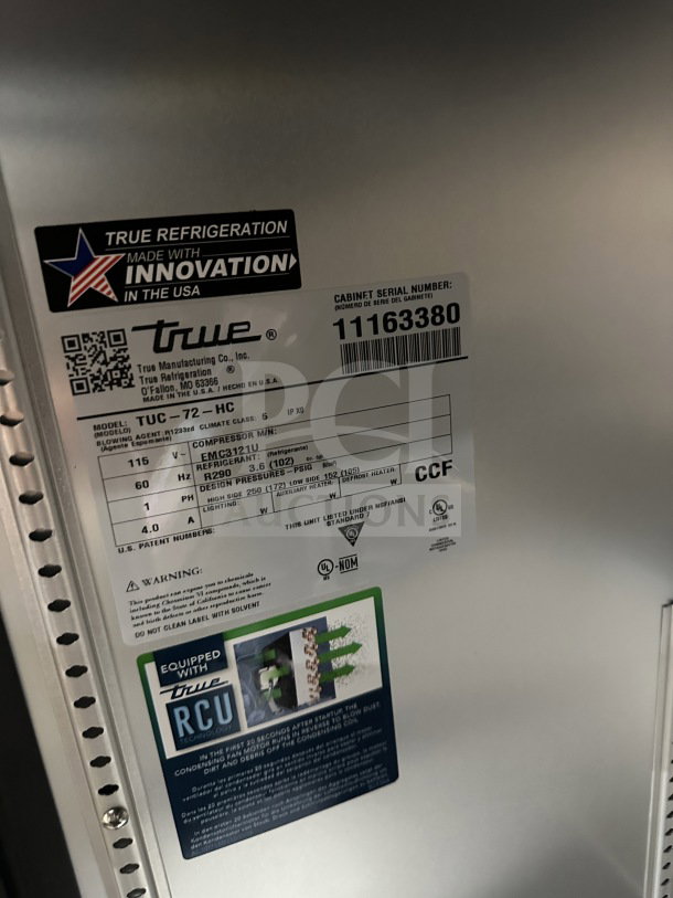 True Commercial 3-Door Stainless Steel Undercounter Refrigerator, Model TUC-72-HC, on casters. Includes poly coated wired rack. Serial Number: 11163380. Labels show product specs and RCU technology.