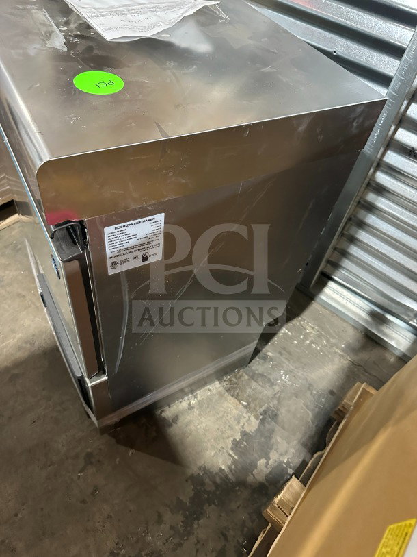 Hoshizaki commercial ice machine, Model IM-50BAA-Q, stainless steel, new condition, visible label with specs.