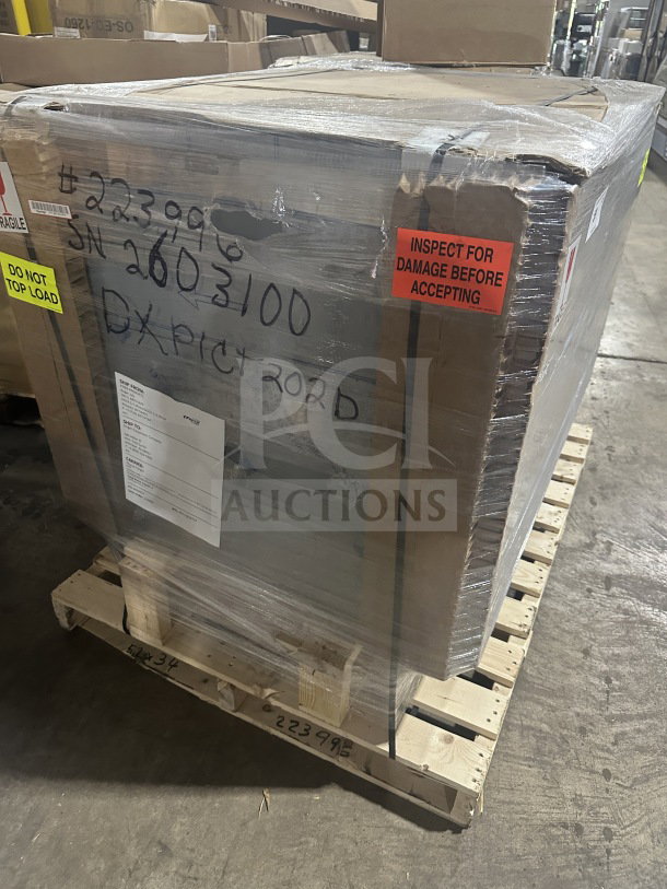 Brand new Dinex DXPICT202D stainless steel 2-door meal delivery cart. Unopened, on casters. Serial number 2603100.