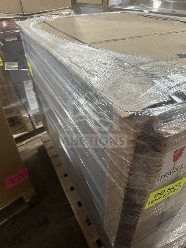 Alt text: Wrapped new Dinex 2-door stainless steel meal delivery cart, Model DXPICT202D, with built-in pan holding slides.
