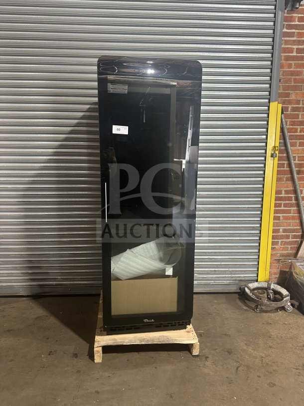 True Commercial Black Glass Door Merchandiser with LED, Model CVM24HCEGC01, new condition, on pallet.