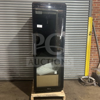 True Commercial Black Glass Door Merchandiser with LED, Model CVM24HCEGC01, new condition, on pallet.