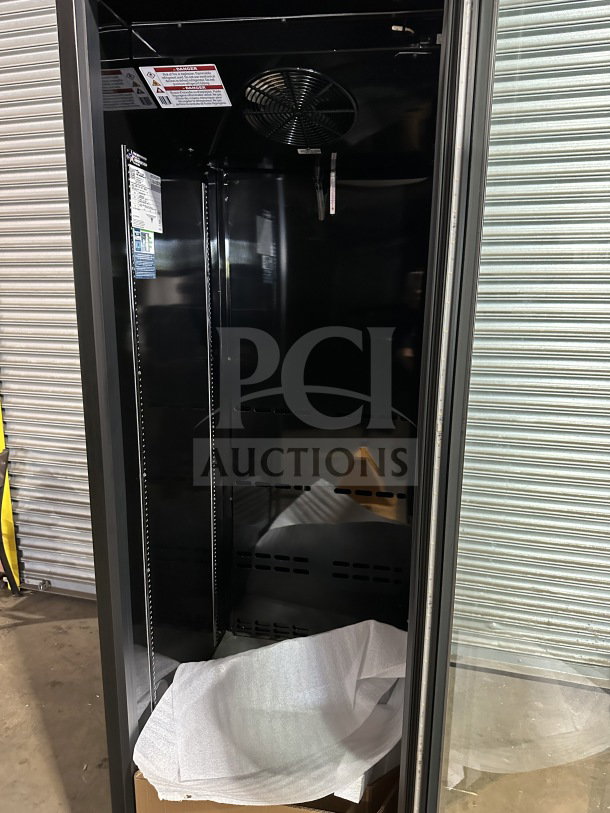 True Commercial Black Refrigerated Merchandiser, Model CVM-24-HC-EGC01, with LED lighting and glass door. New condition.