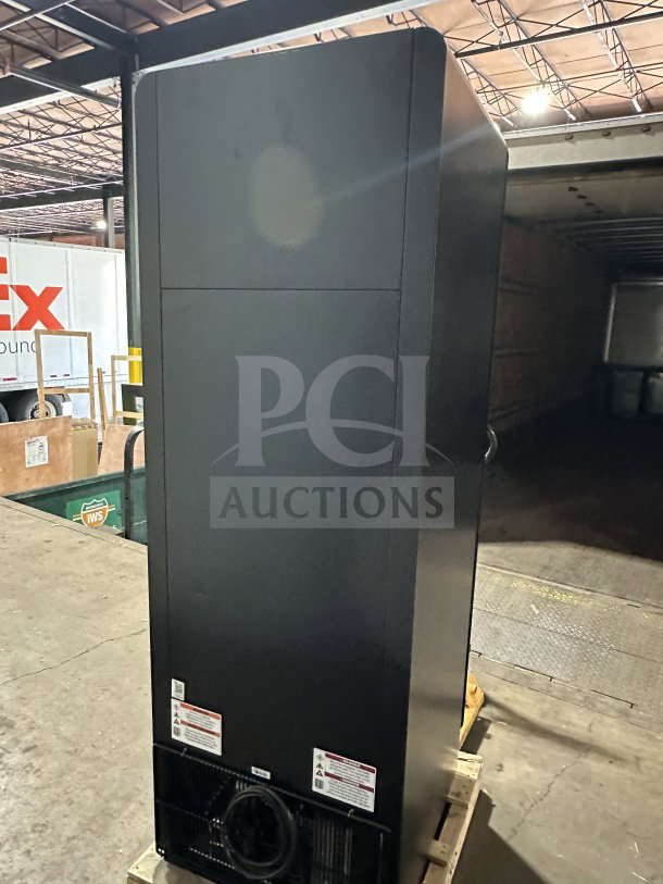 True Commercial Black Glass Door Merchandiser, Model CVM-24-HC-EGC01, new condition, LED lighting, SN: 11241076.