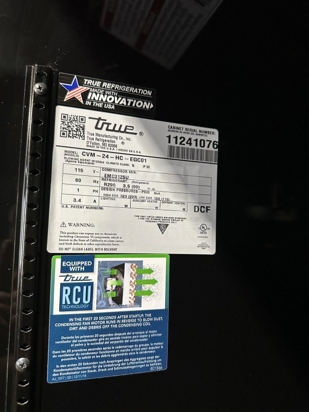 True Commercial Glass Door Merchandiser, Model CVM-24-HC-EGC01, SN 11241076. New condition with LED lighting, RCU technology.