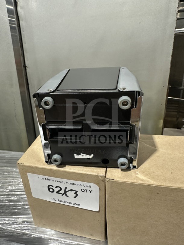 Brand new commercial chrome tabletop tallfold napkin dispenser, durable construction, pristine condition, made in USA.