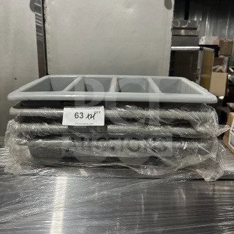 Brand new gray polyethylene 4-compartment cutlery box set. Stack of four wrapped in plastic for auction.