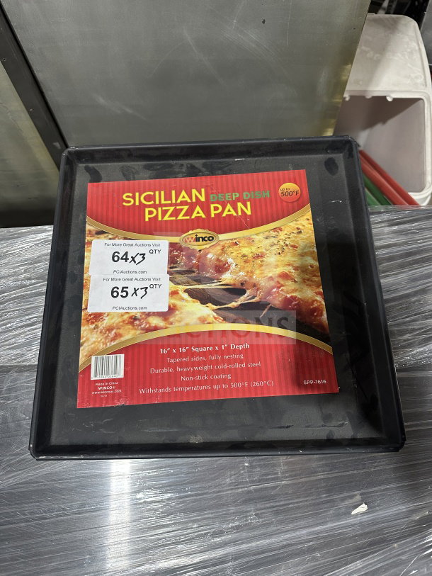 Winco Commercial Square Non-Stick Sicilian Pizza Pan, 16" x 16", Model SPP-1616, durable steel, holds up to 500°F.