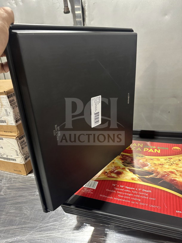 Winco Commercial Non-Stick Sicilian Pizza Pan, 16"x16", Model SPP-1616, durable steel, black finish, new condition.