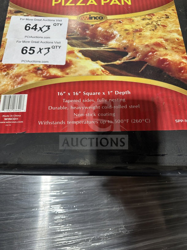 Winco Commercial Square Non-Stick Sicilian Pizza Pan, 16" x 16", Model SPP-1616. Features tapered sides, durable cold-rolled steel, withstands up to 500°F.