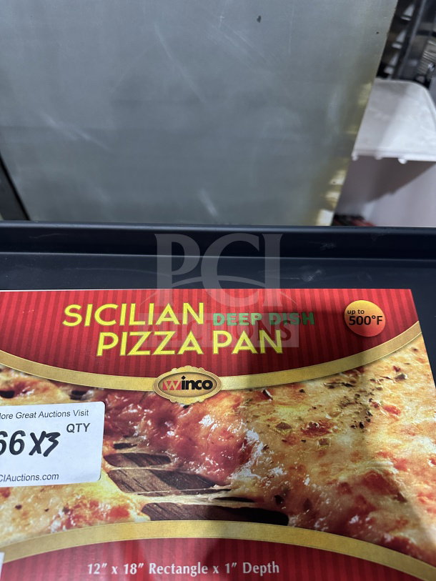 Winco Commercial Sicilian Pizza Pan, 16"x16", non-stick, model SPP-1616, withstands up to 500°F. Auction label shows "66X3 QTY".