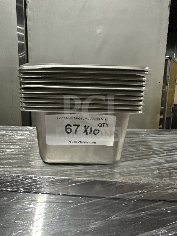 New Amko stainless steel deep hotel anti-jam food pans, stack of 10, label shows "67 x10," ideal for commercial kitchens.