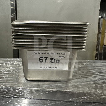 New Amko stainless steel deep hotel anti-jam food pans, stack of 10, label shows "67 x10," ideal for commercial kitchens.