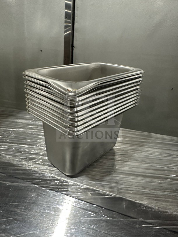 Amko stainless steel deep gastro anti-jam food pans, new condition, stacked, ideal for hotel and commercial use.
