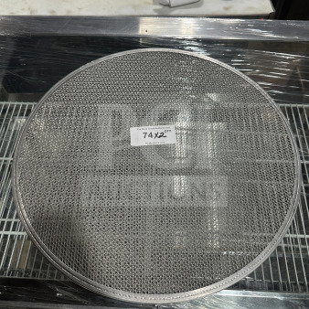 New commercial stainless steel pizza screen, mesh design, excellent condition, tag reads "74 X2 QTY".