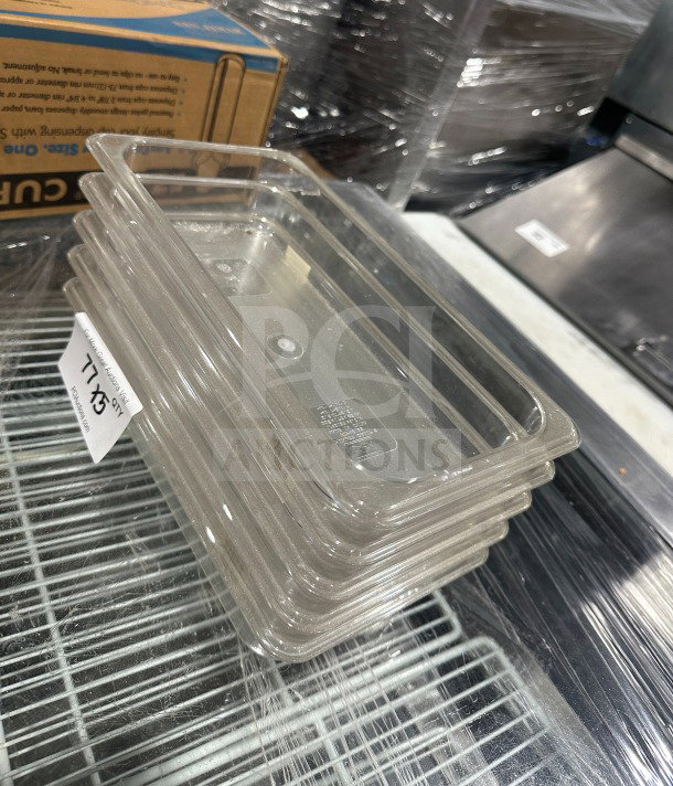 NEW Thunder Group polycarbonate 1/3 food pans, model PLPA8132, in clear, stack of 6, with label "77 X3".