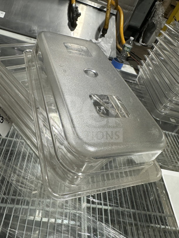 Thunder Group Commercial Polycarbonate 1/3 Food Pan, Model PLPA8132, new. Clear, stackable design with marked lid.