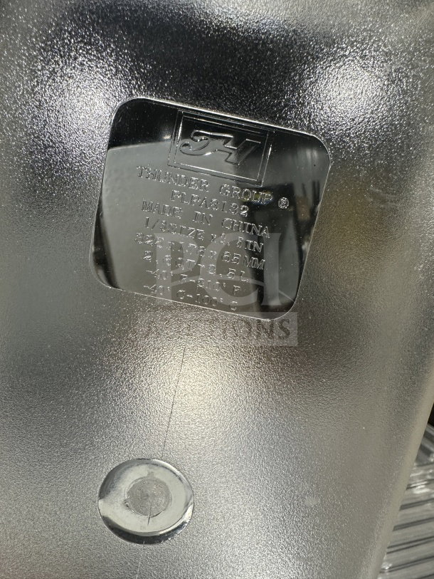 Thunder Group polycarbonate 1/3 food pan, Model PLPA8132, new condition. Label indicates model, make, and capacity.