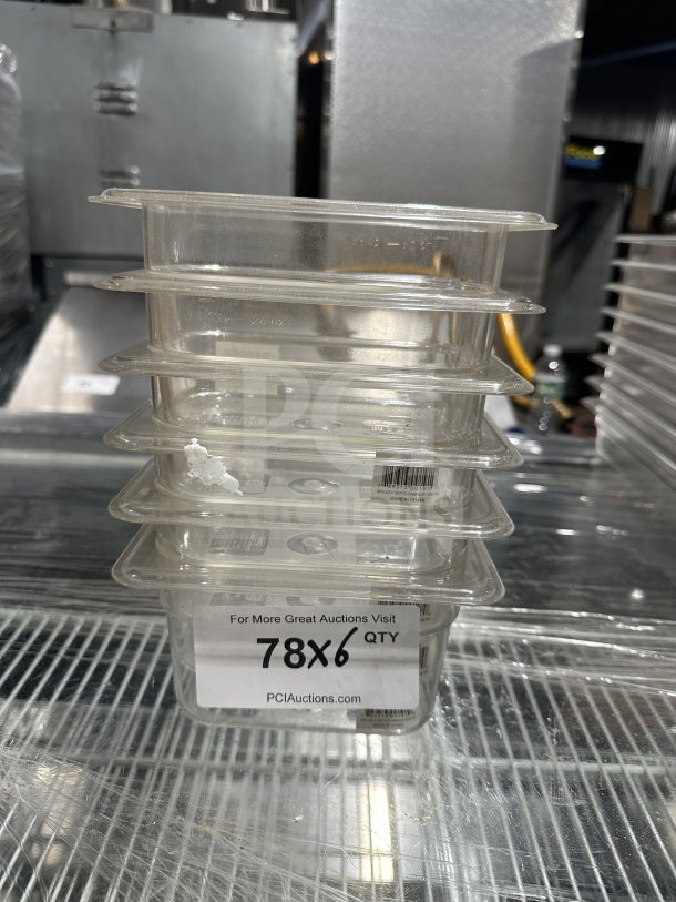 NEW Thunder Group 1/9 Size Clear Polycarbonate Food Pan, 4" Deep, Model PLPA8194, Stack of 6, Auction Label Visible.
