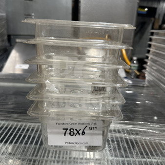 NEW Thunder Group 1/9 Size Clear Polycarbonate Food Pan, 4" Deep, Model PLPA8194, Stack of 6, Auction Label Visible.