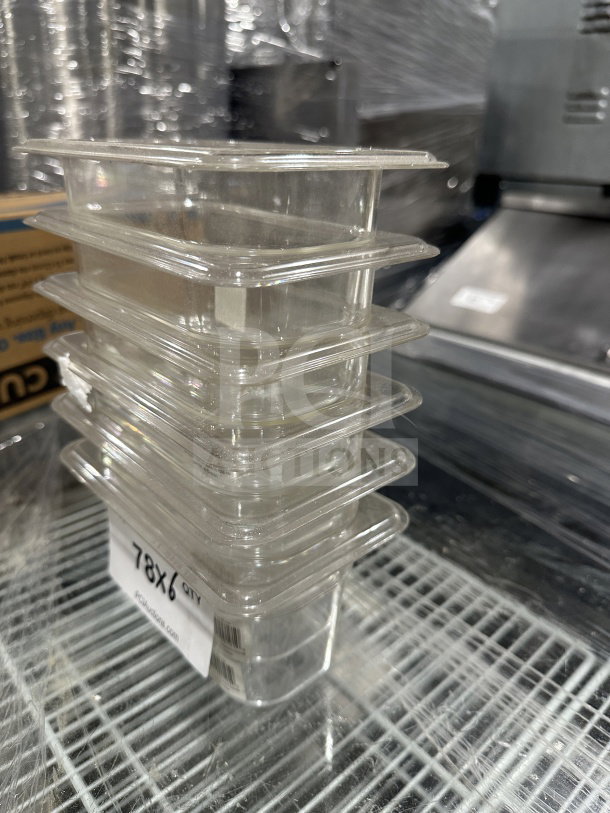 Six new Thunder Group PLPA8194 clear polycarbonate food pans, 1/9 size, 4" deep, stacked, pristine condition, label shows "78X6 QTY".
