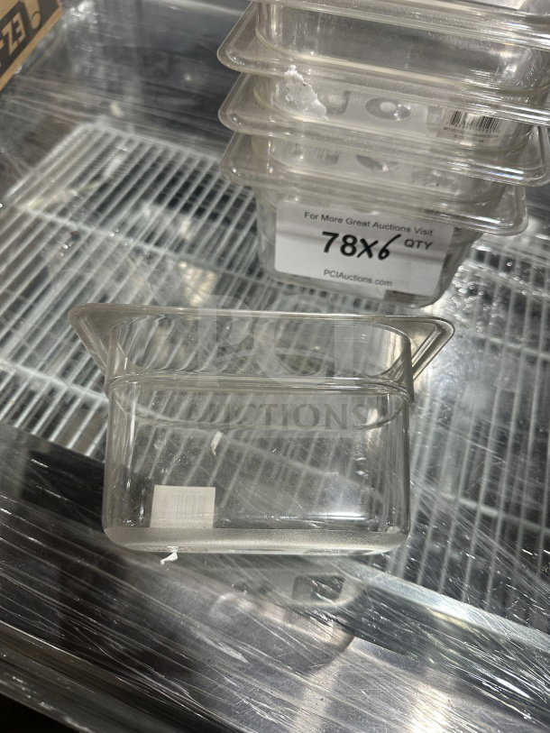 Thunder Group PLPA8194 1/9 Size Clear Polycarbonate Food Pan, 4" Deep, new condition, stacked, sticker marked "78x6 QTY".