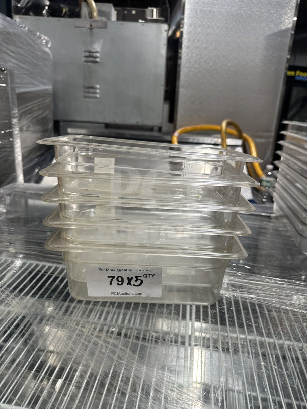 Thunder Group PLPA8144 1/4 size clear polycarbonate food pan, 4" deep, new condition, stack of 5, auction label shows "79x5".