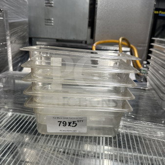 Thunder Group PLPA8144 1/4 size clear polycarbonate food pan, 4" deep, new condition, stack of 5, auction label shows "79x5".