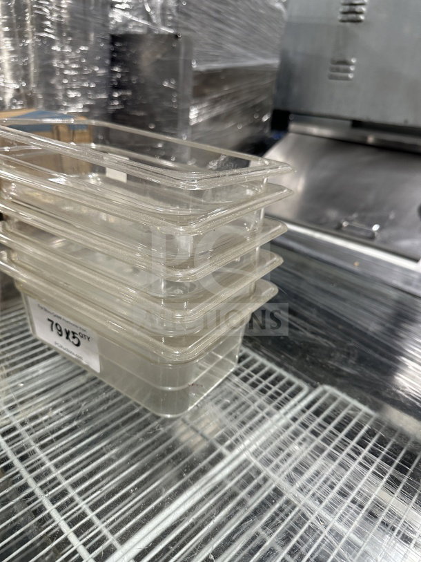 Thunder Group polycarbonate food pan, 1/4 size, clear, 4" deep, model PLPA8144, new condition, stacked view.