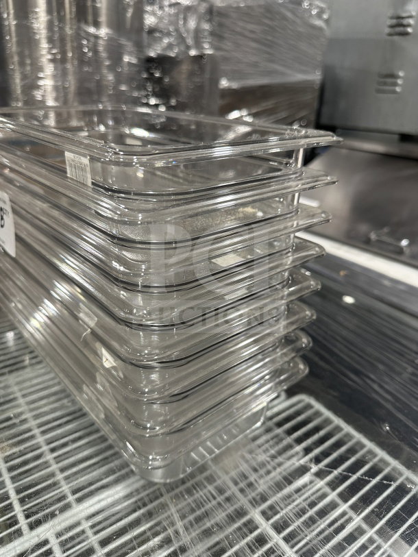 NEW Cambro Commercial 1/3 Size Clear Polycarbonate Food Pan, Model 631-1, 2.5" deep, stacked, pristine condition.