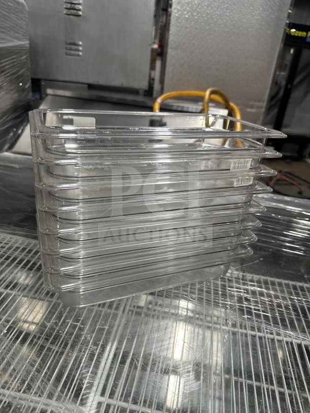 Cambro 1/3 Size Food Pan, Model 631-1, Clear Polycarbonate, 2.5" Deep, New Condition, Stack of Food Pans.