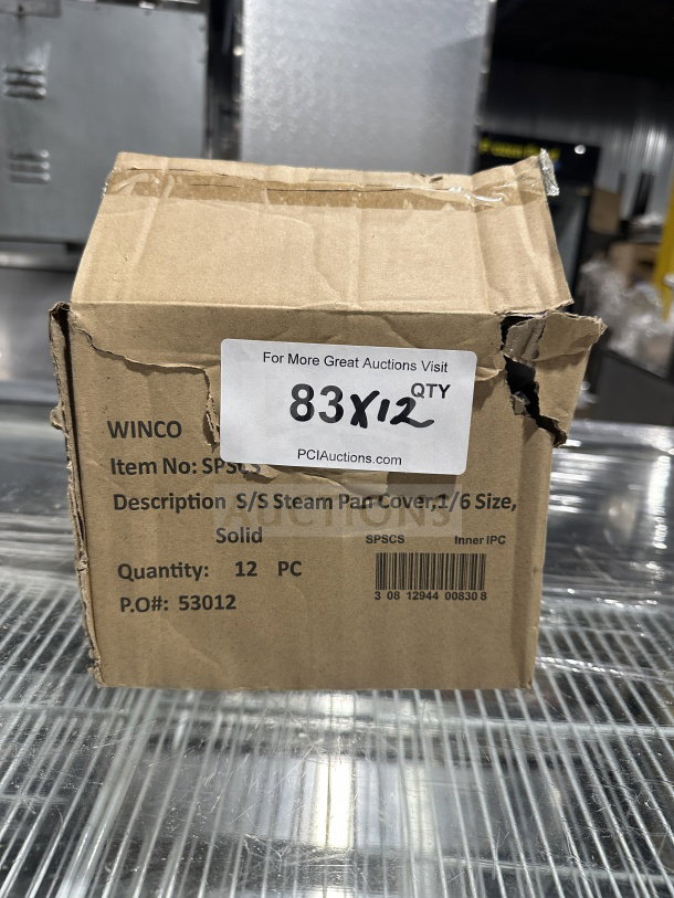 BRAND NEW Winco SPSCS 1/6 Size Stainless Steel Steam Table Pan Cover in box. Quantity: 12. Model: SPSCS.