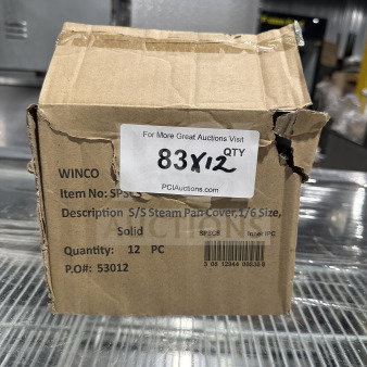 BRAND NEW Winco SPSCS 1/6 Size Stainless Steel Steam Table Pan Cover in box. Quantity: 12. Model: SPSCS.