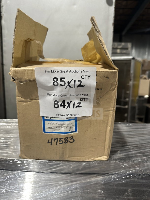 Brand new Vollrath stainless steel cloche dome plate cover with top knob handle. Model: 47587. Box displays product info and quantity tags.