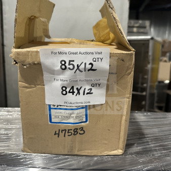 Brand new Vollrath stainless steel cloche dome plate cover with top knob handle. Model: 47587. Box displays product info and quantity tags.