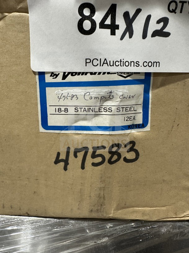 Box labeled "by Vollrath," containing model 47587 round cloche dome plate cover in stainless steel, with top knob handle.
