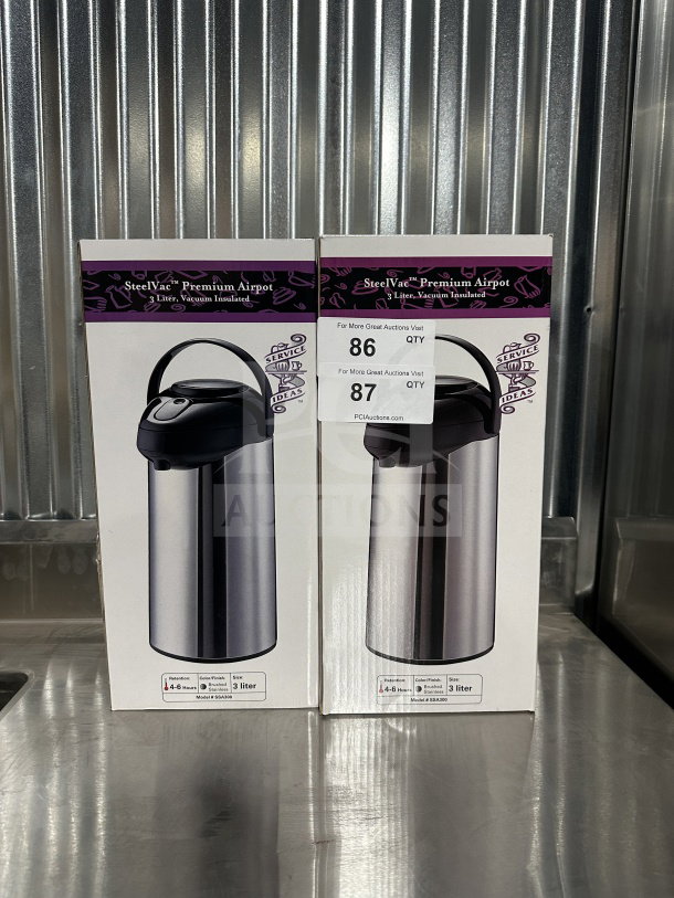 Brand new Service Ideas SteelVac SSA300 3-liter air pot. Features pump lid, stainless steel lining, premium insulation. Boxes shown.