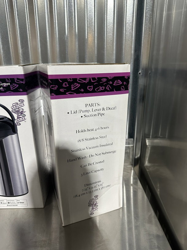 Service Ideas SteelVac SSA300, 3-Liter Air Pot. Stainless steel, vacuum insulated, pump lid. New, holds heat 4-6 hours.