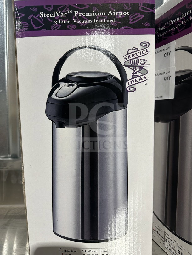 BRAND NEW Service Ideas SteelVac SSA300 3-Liter Air Pot. Premium insulated, stainless steel, with pump lid. Model: SSA300.