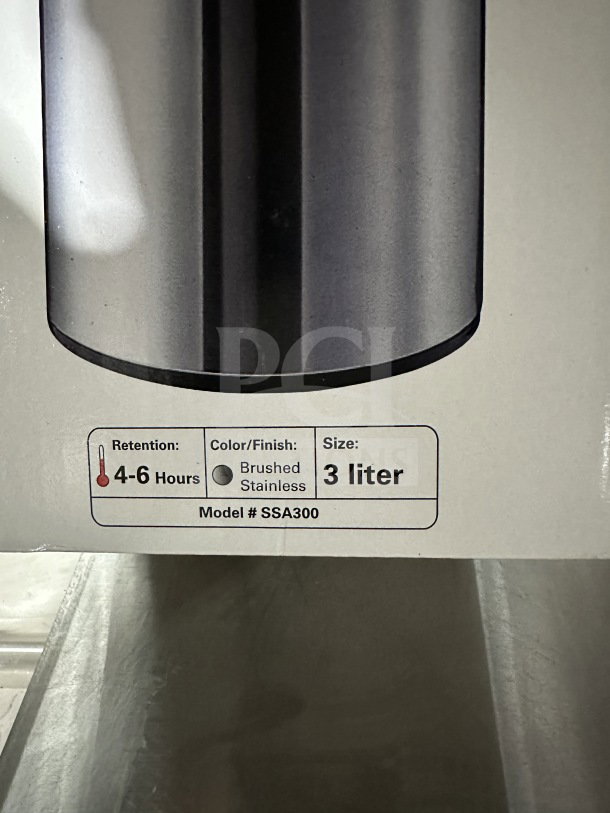 Brand new Service Ideas SteelVac Series SSA300, 3-liter stainless steel air pot with pump lid, brushed finish, 4-6 hrs retention.