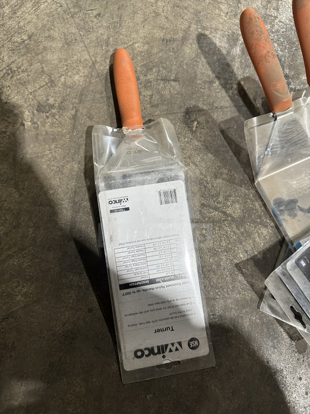 Winco TNH-42 stainless steel offset turner, 8"x4", brand new, orange cool heat handle, original packaging.