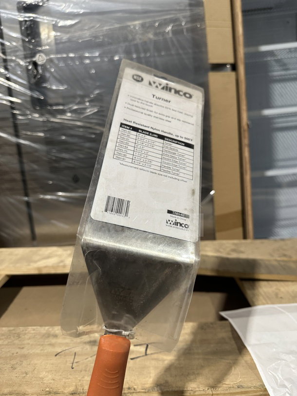 Winco TNH-42 8" x 4" stainless steel offset turner, brand new, orange Cool Heat handle, in original packaging.