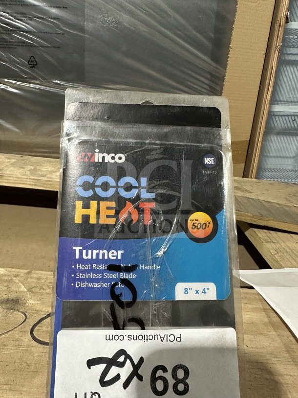 Winco TNH-42 stainless steel offset turner, cool heat orange handle, 8"x4", new condition, heat resistant to 500°F.