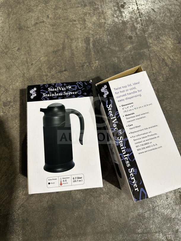 BRAND NEW Service Ideas SteelVac Series Commercial Dairy & Beverage Server, 0.7L capacity, black, stainless steel, packaging shown.
