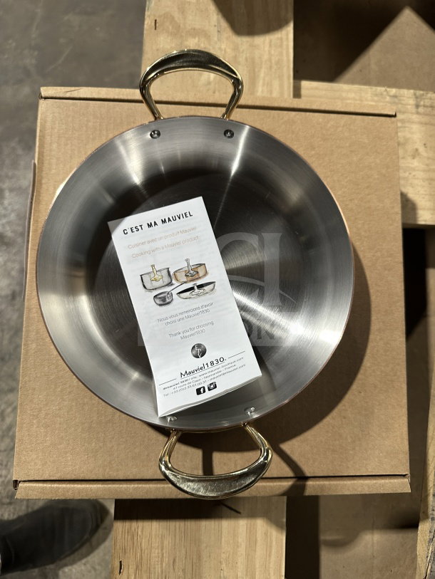 Brand new C'EST MA MAUVEL commercial bronze round pan with 2 handles, on packaging, includes instruction sheet.