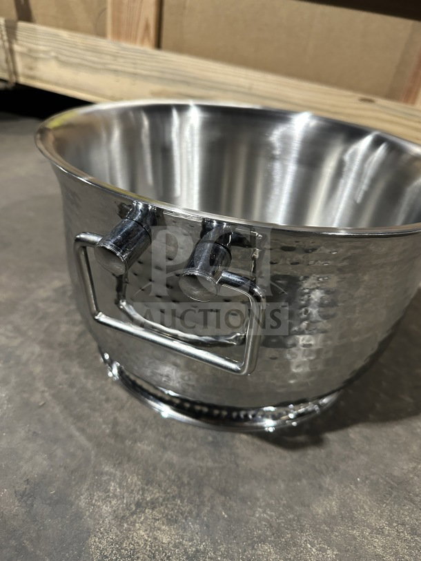 Brand new hammered stainless steel beverage tub with double-wall design and integrated side swing handles.