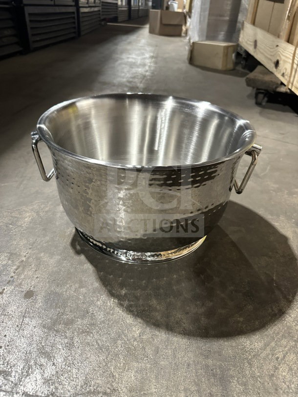 Commercial double-walled hammered stainless steel beverage tub with side swing handles, brand new condition.