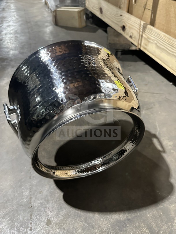 Brand new hammered stainless steel beverage party tub with double-walled design and integrated side swing handles.